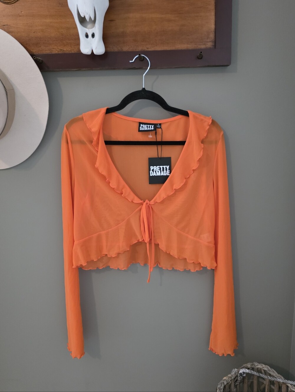 Pretty Damage New Sheer Crop Front Tie Festival Top Size L